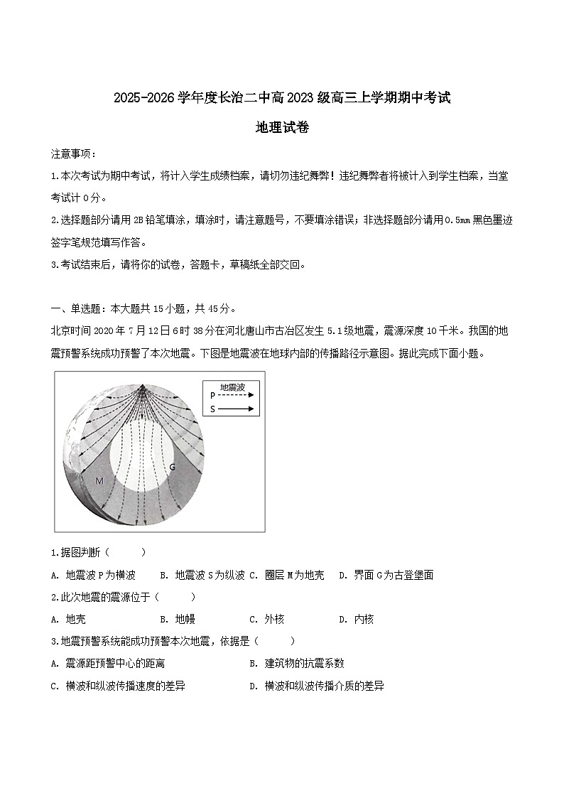 山西省长治市第二中学2026届高三上学期期中考试地理试卷（Word版附答案）第1页