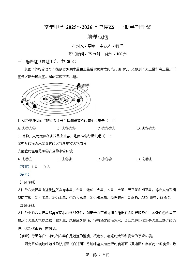 四川省遂宁中学2025-2026学年高一上学期期中考试地理试题 Word版含解析第1页