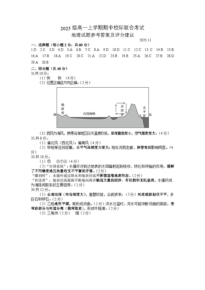 高一地理期中参考答案及评分建议第1页
