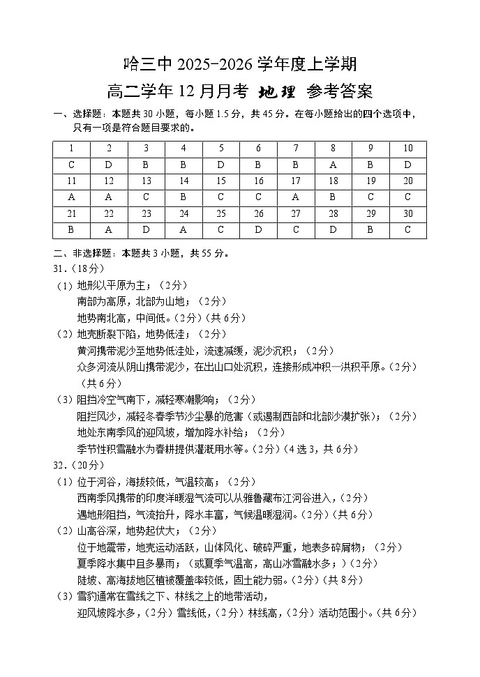 哈三中2025-2026学年度上学期高二学年12月月考地理答案第1页