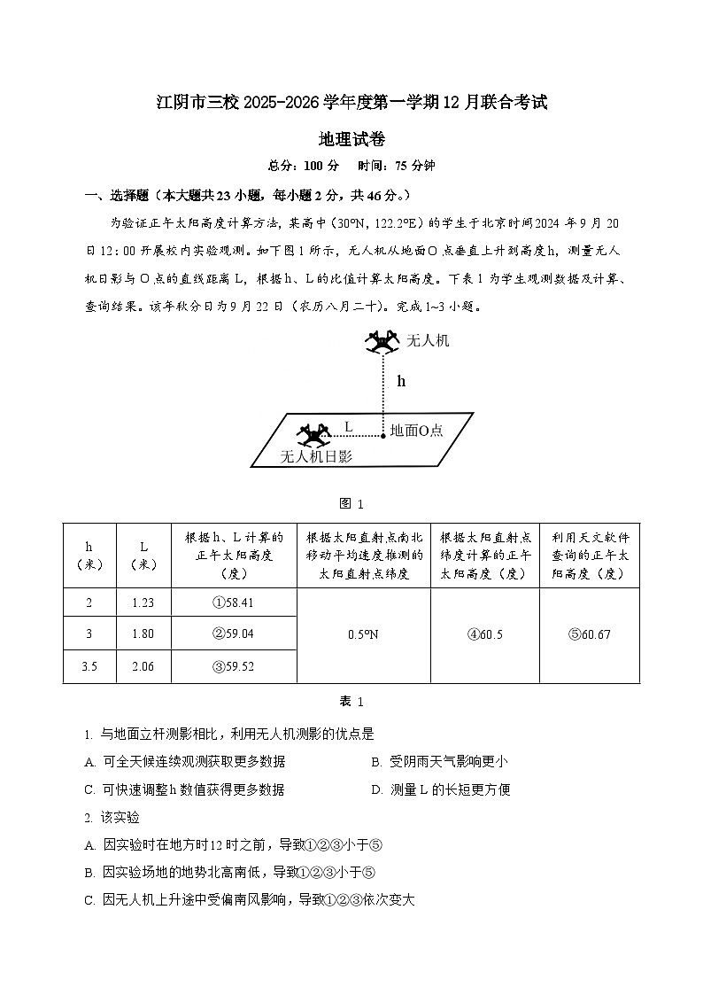2025年12月江阴三校联考 地理第1页