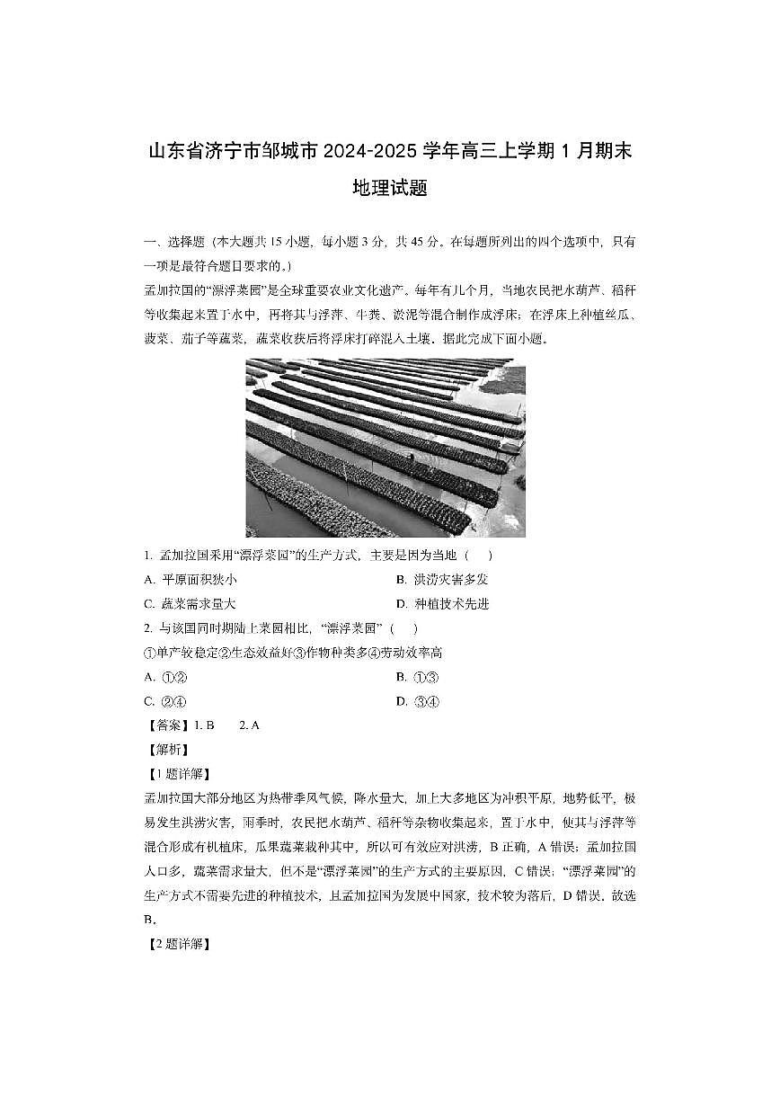 山东省济宁市邹城市2024-2025学年高三上学期1月期末（解析版）地理试卷第1页