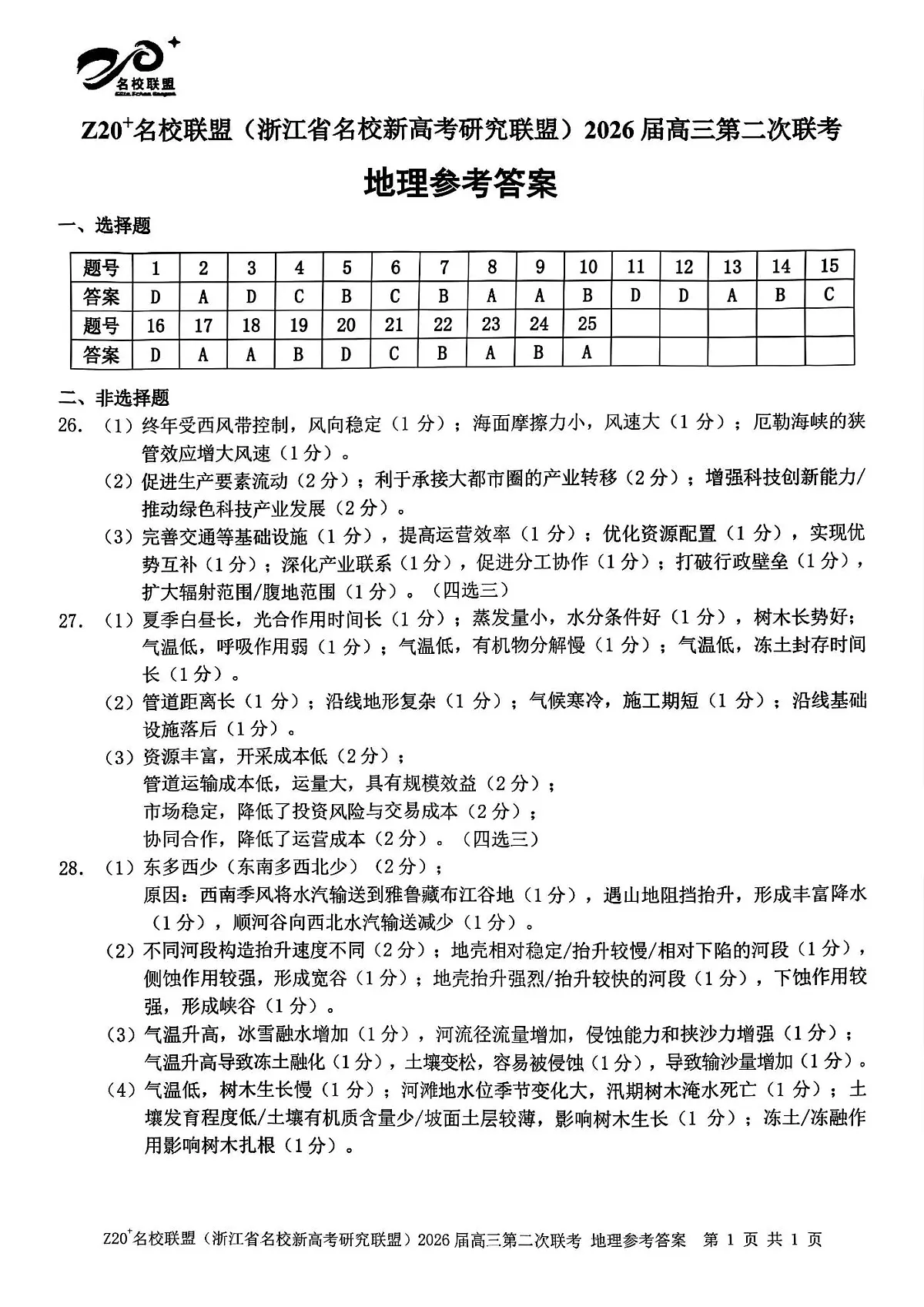地理答案-Z20名校联盟（浙江省名校新高考研究联盟）2026届高三第二次联考第1页