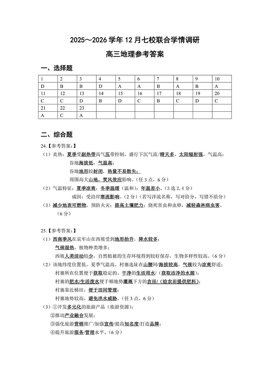 高三地理12月联考参考答案-南京市七校联合体12月高三第1页
