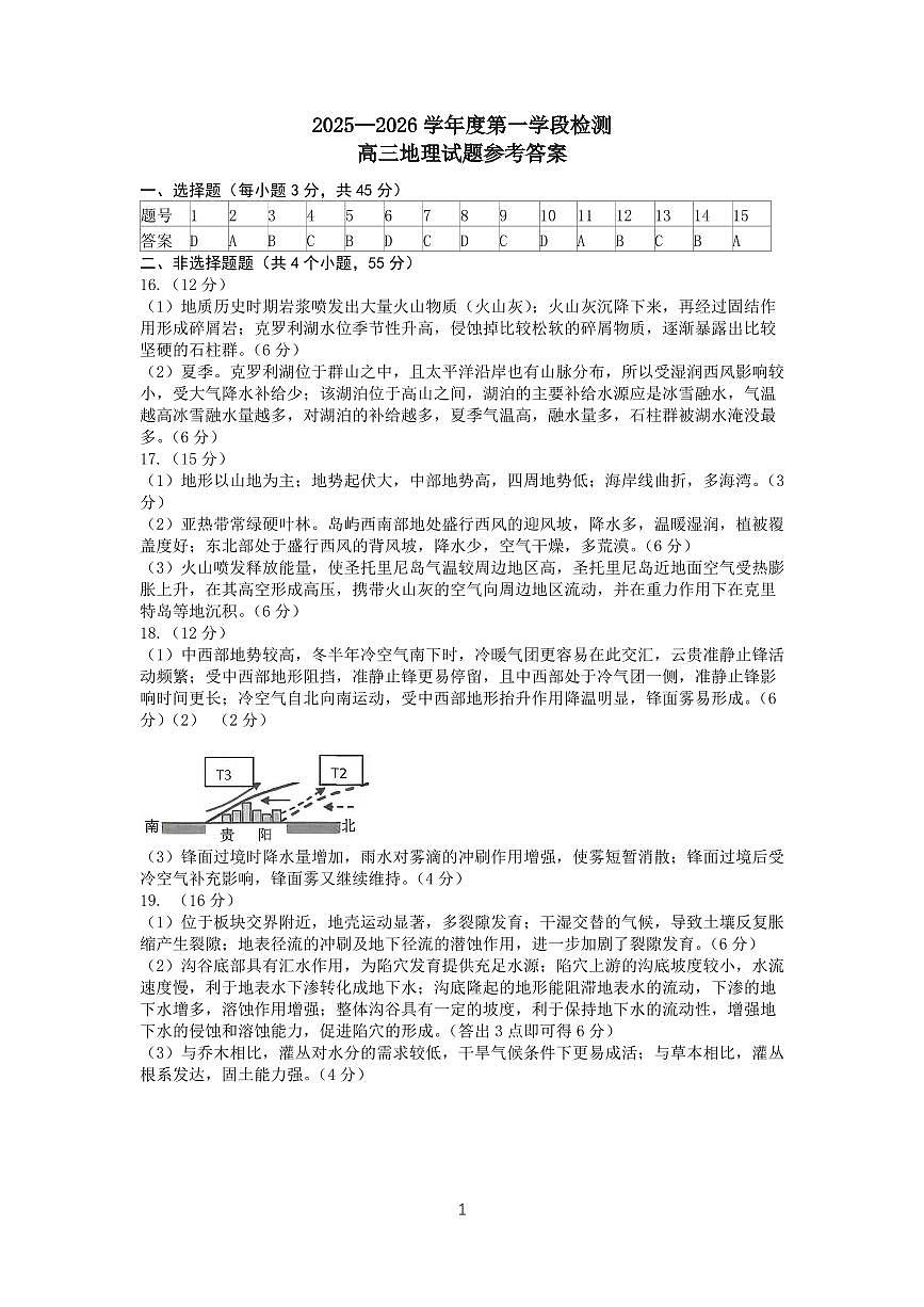 2025—2026学年度第一学期期中学业水平诊断地理答案第1页