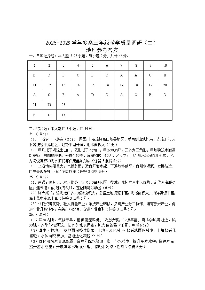 202512江苏省如皋市2025-2026学年度高三年级第一学期教学质量调研（二）地理答案第1页