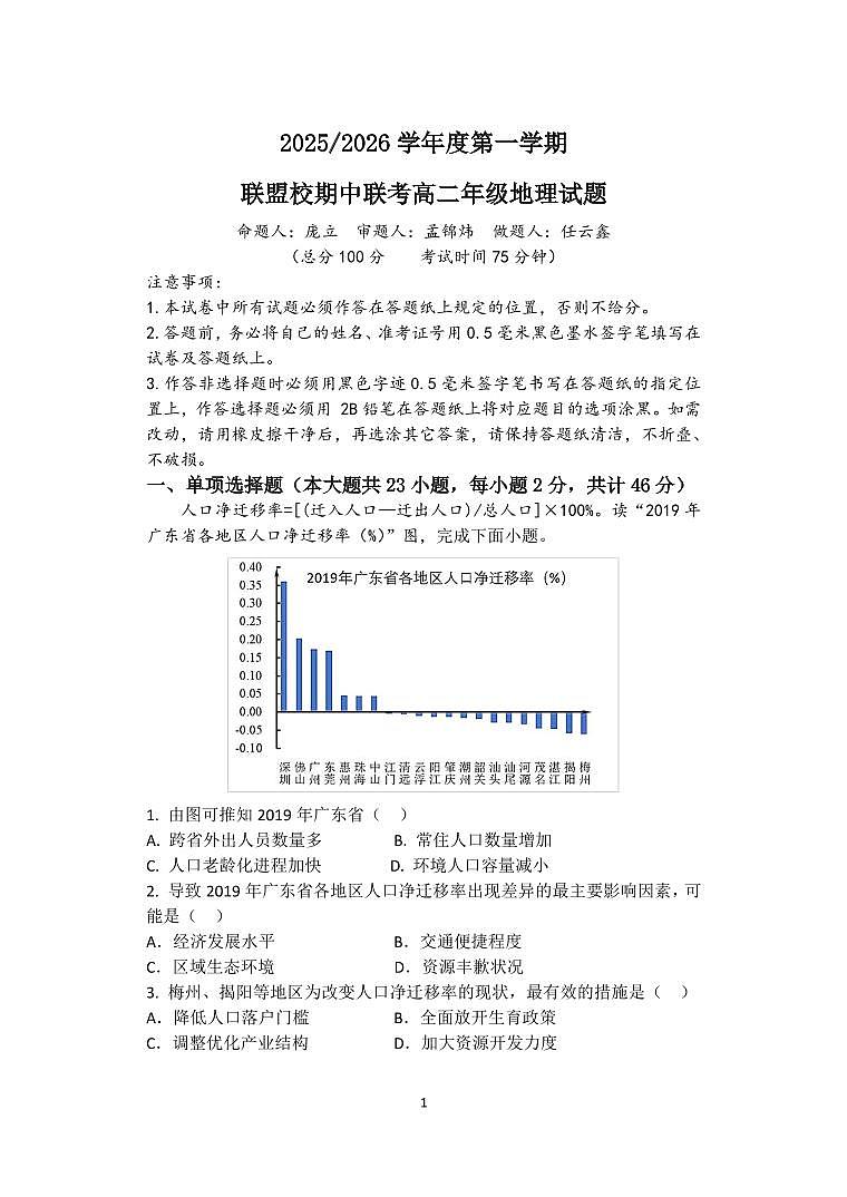 江苏省盐城市五校2025-2026学年高二上学期期中联考试题 地理 PDF版含答案（可编辑）第1页