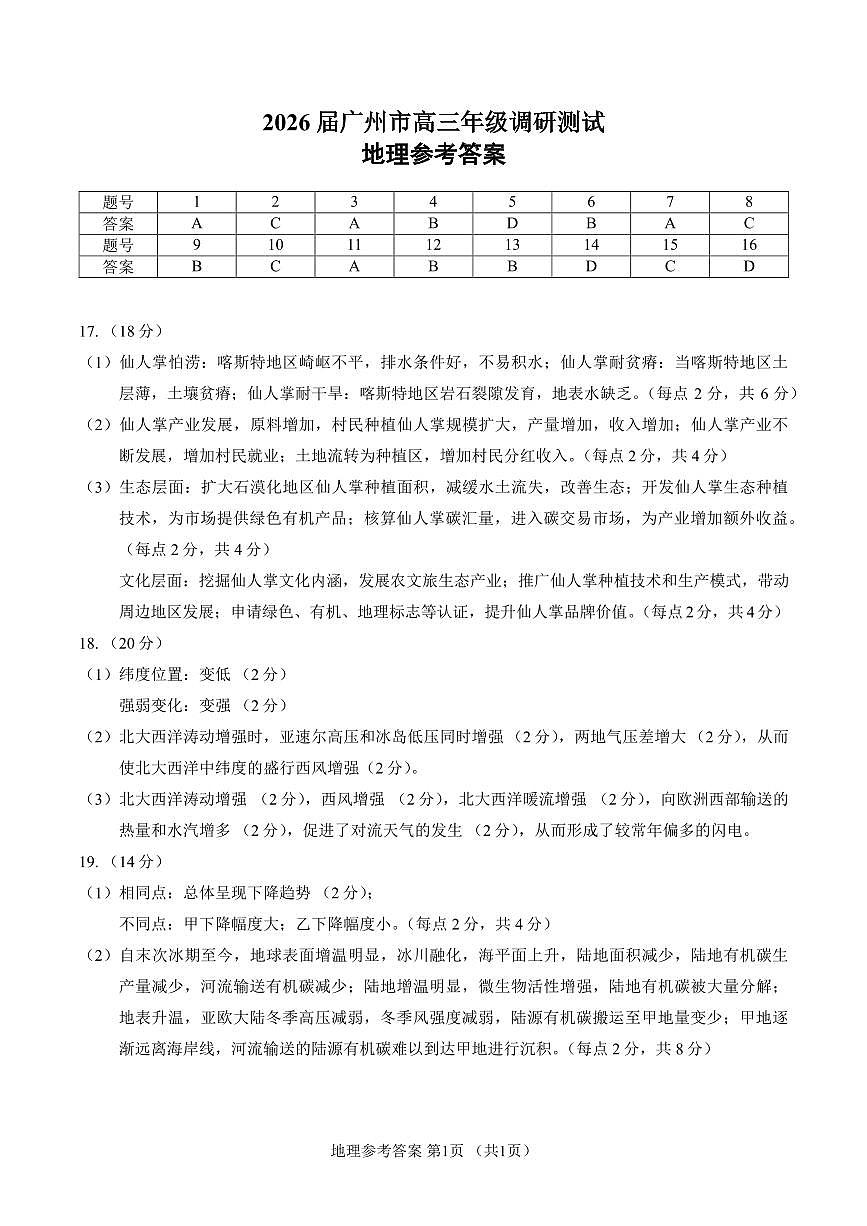 GDGZ官方地理答案2026届广州市高三年级调研测试第1页