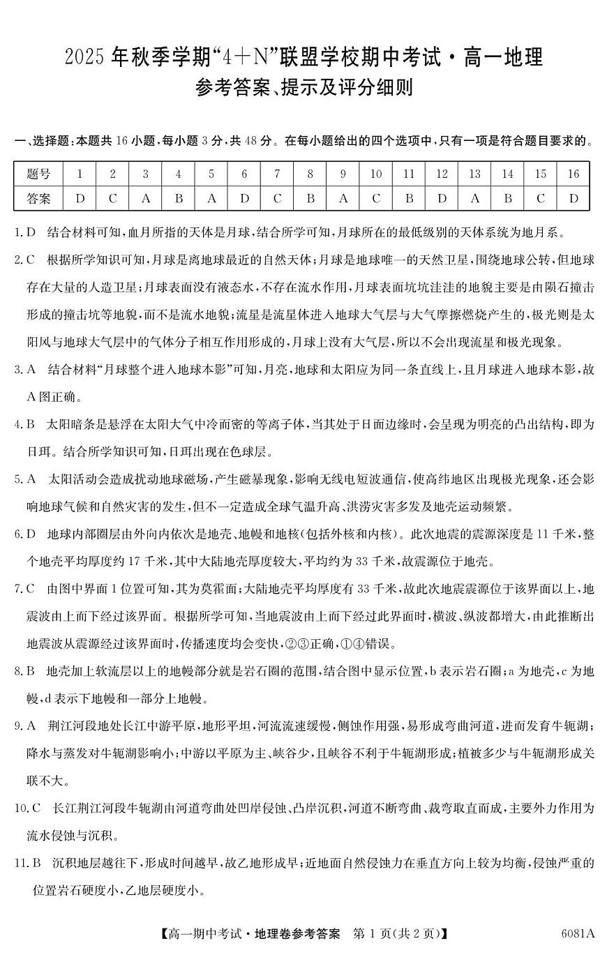 南宁4+N联盟2025秋季期中高一地理答案第1页