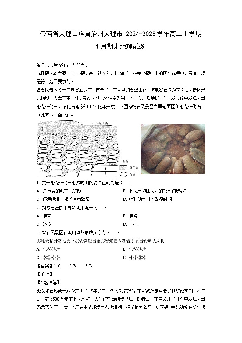 2024-2025学年云南省大理白族自治州大理市高二上学期1月期末地理试卷（解析版）第1页