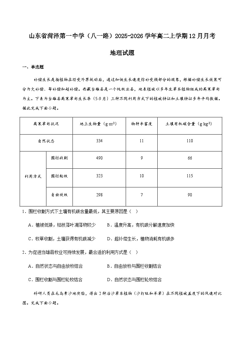 山东省菏泽第一中学（八一路校区）2025-2026学年高二上学期12月测试地理试卷（含答案）第1页