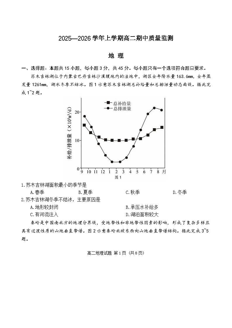 山东省潍坊市2025-2026学年高二上学期期中考试地理试题（Word版附答案）第1页