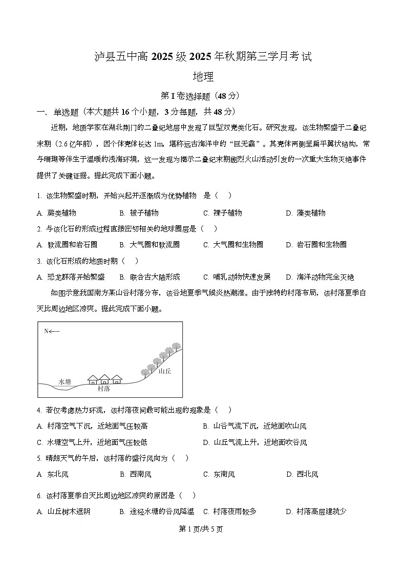 四川省泸州市泸县第五中学2025-2026学年高一上学期12月月考地理试题（原卷版）第1页