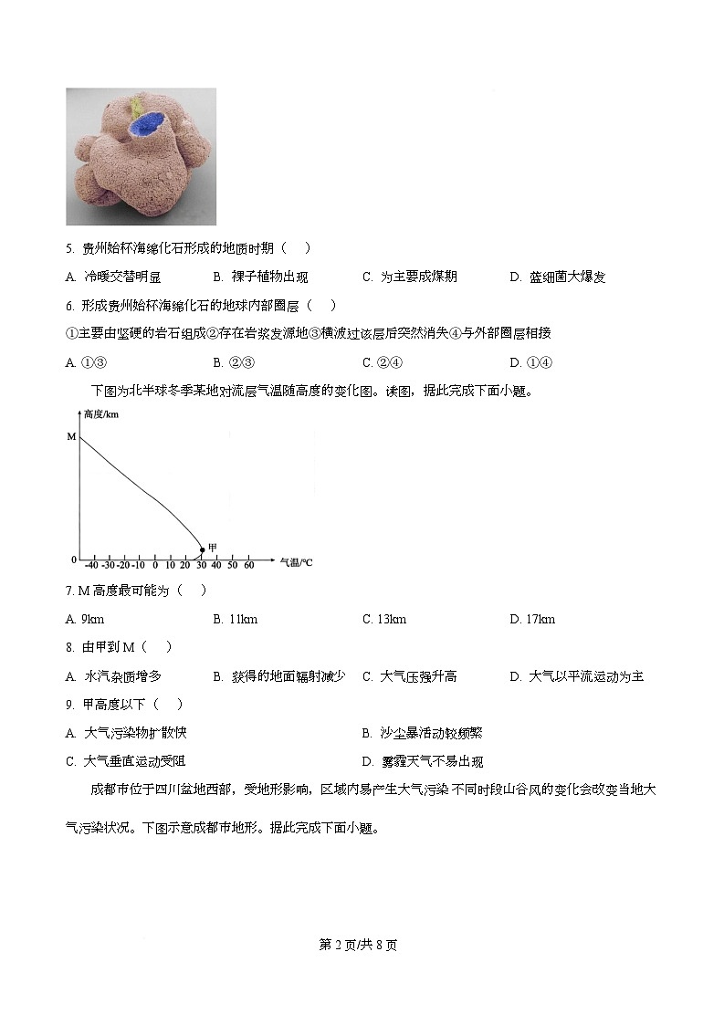 重庆市第八中学校2025-2026学年高一上学期12月月考地理试题  Word版无答案第2页