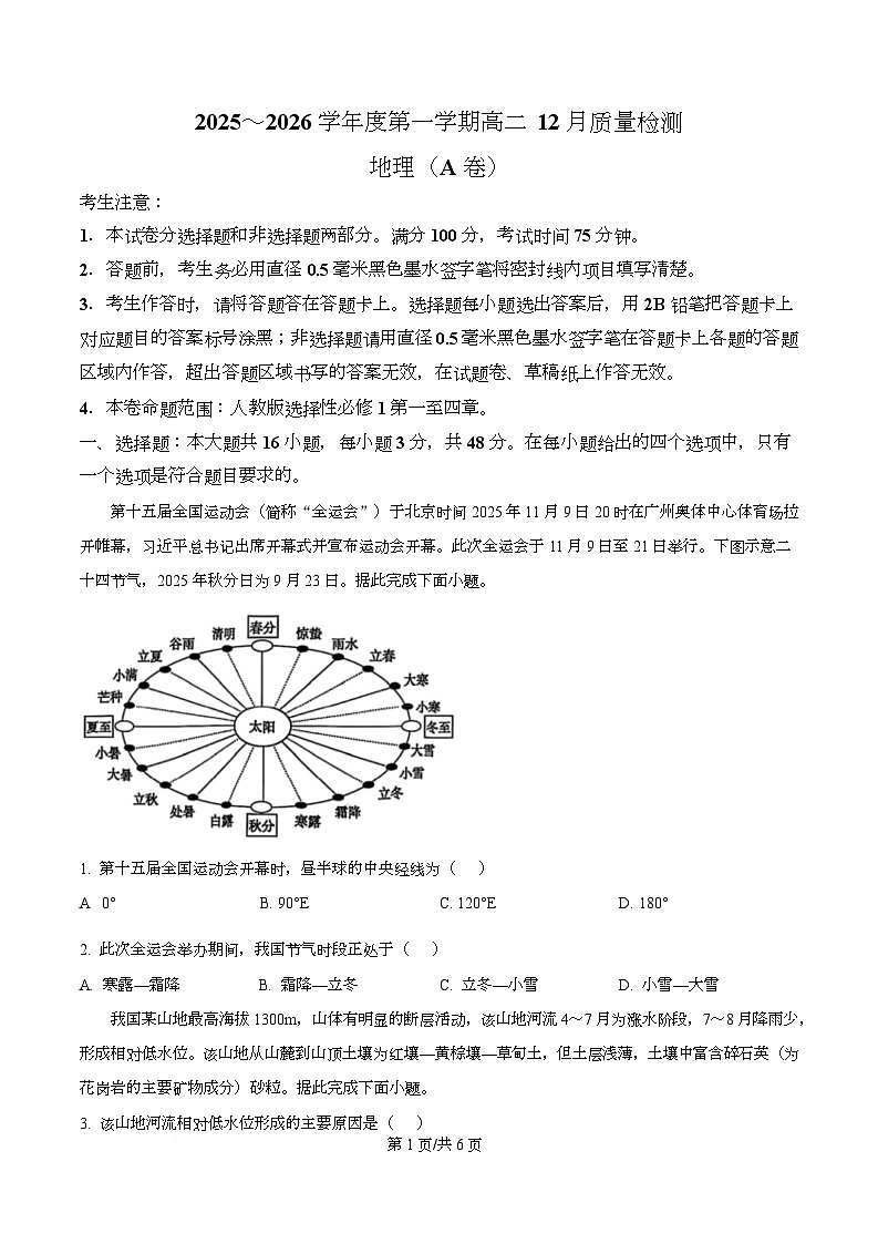 安徽省县中联盟2025-2026学年高二上学期12月月考地理试题（A卷）  Word版无答案第1页