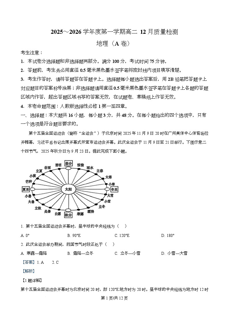 安徽省县中联盟2025-2026学年高二上学期12月月考地理试题（A卷）  Word版含解析第1页