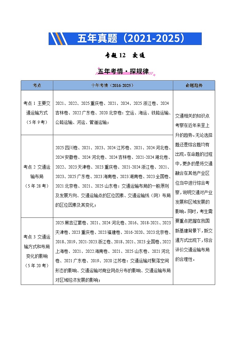 专题12交通（全国通用）答案第1页