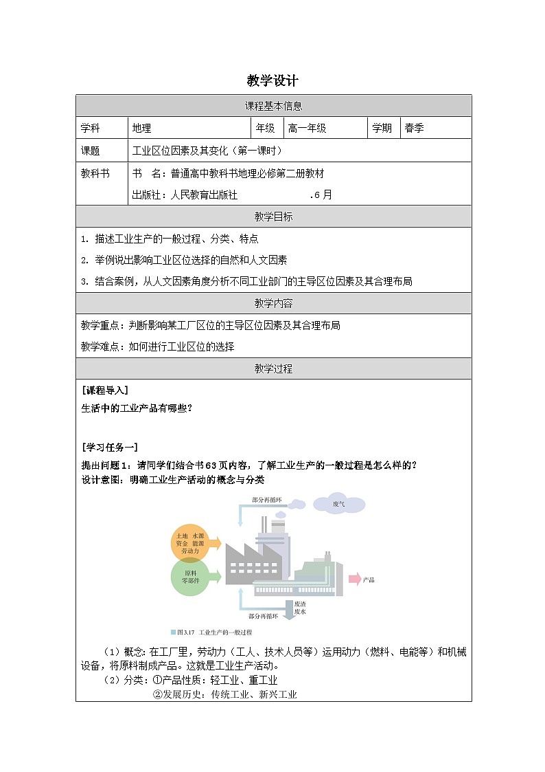 人教版高中地理必修第二册3.2工业区位因素及其变化表格式教案第1页