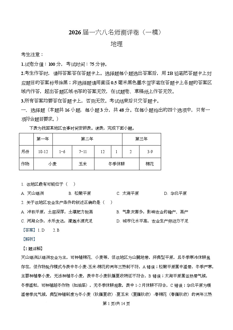 安徽省合肥一六八中学2025-2026学年高三上学期一模考试地理试题 Word版含解析第1页