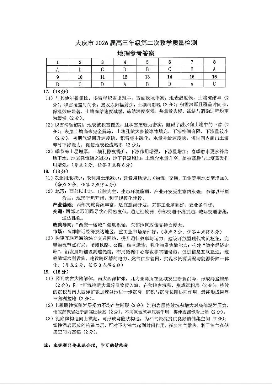 大庆市2026届高三年级第二次教学质量检测地理答案第1页