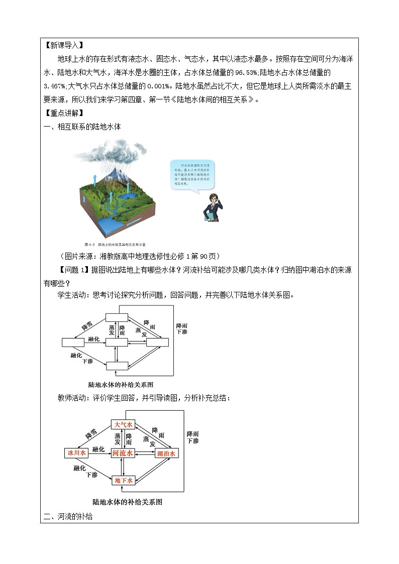湘教版高中地理 选修1自然地理基础4.1陆地水体间的相互关系 表格式教案第2页