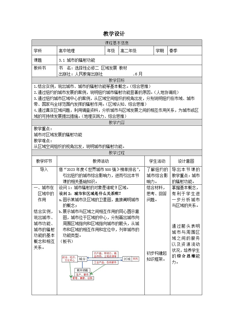 人教版高中地理选修2 区域发展3.1城市的辐射功能》表格式教案第1页