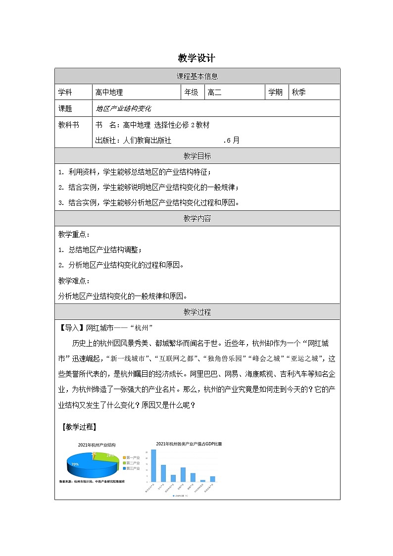 人教版高中地理选修2 区域发展3.2地区产业结构变化表格式教案第1页