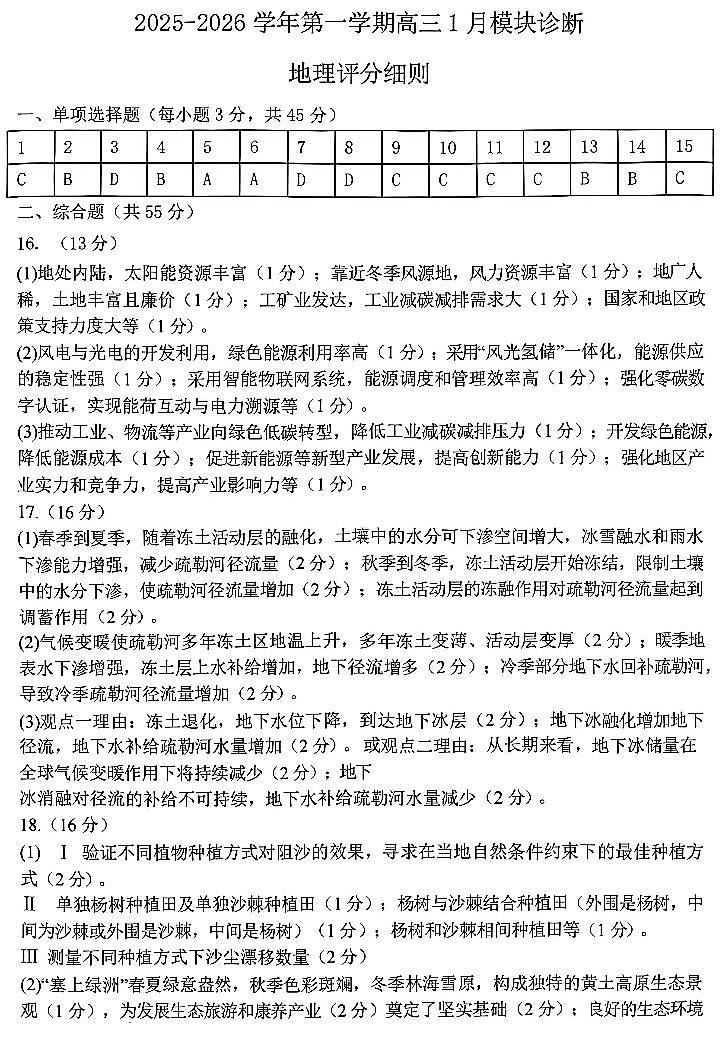 地理答案 山西大学附中25-26学年高三1月考第1页