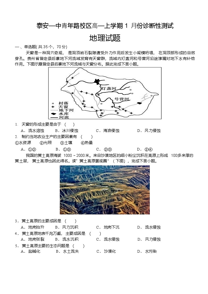 山东省泰安市第一中学（青年路校区）2025-2026学年高一上学期1月诊断性测试地理试卷第1页
