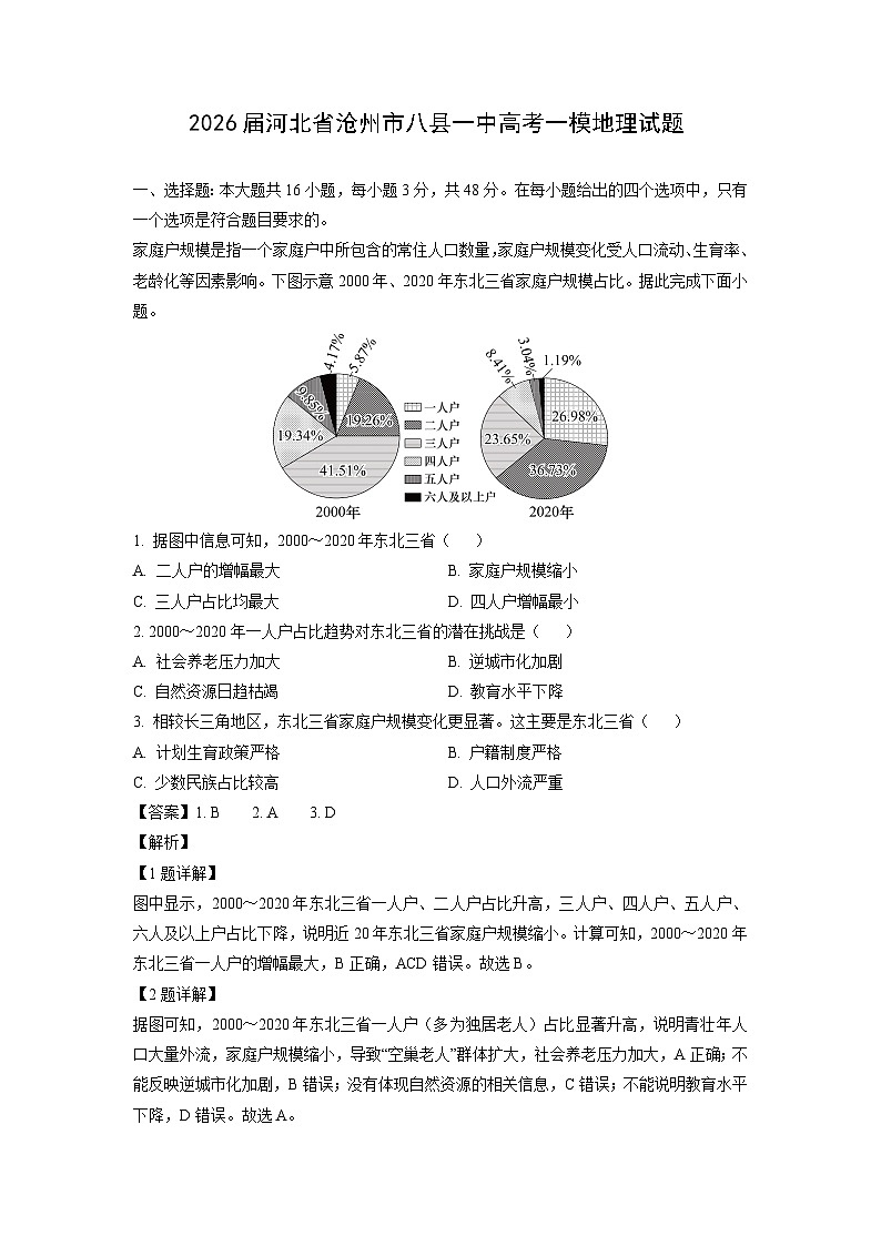 2026届河北省沧州市八县一中高考一模地理试卷（解析版）第1页