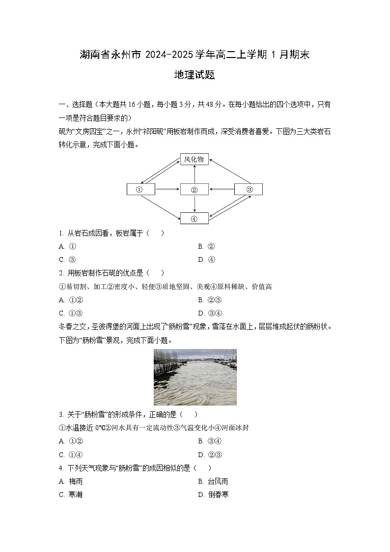 2024-2025学年湖南省永州市高二上学期1月期末地理试卷（学生版）第1页