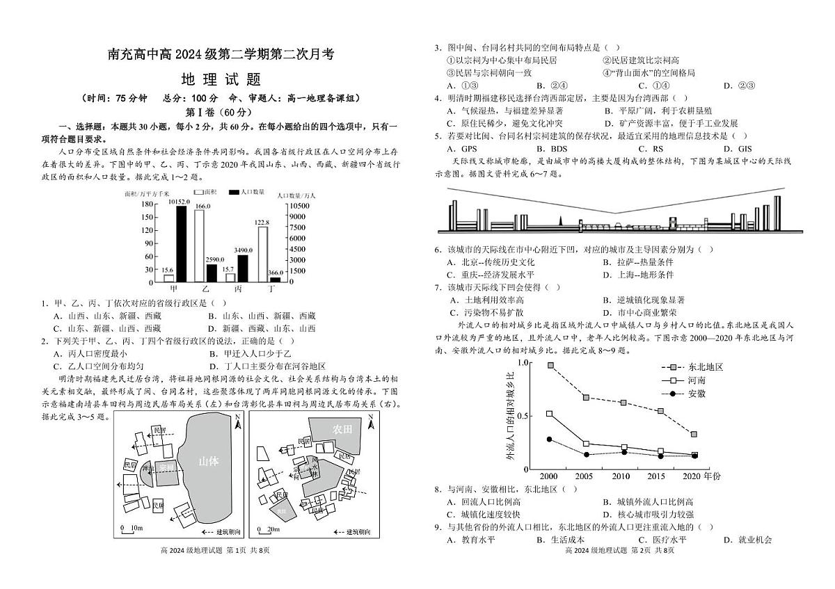 四川省南充市高级中学2024-2025学年高一下学期5月月考试题地理试卷（无答案）第1页