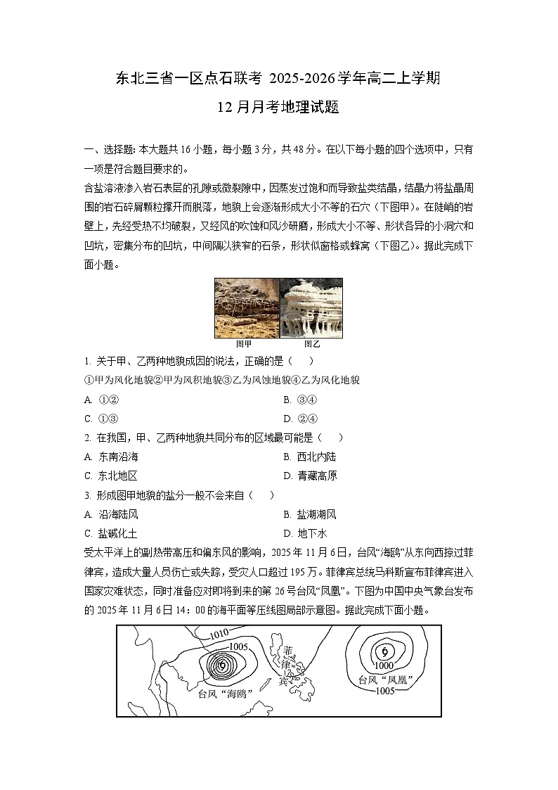 2025-2026学年东北三省一区点石联考高二上学期12月月考地理试卷（学生版）第1页