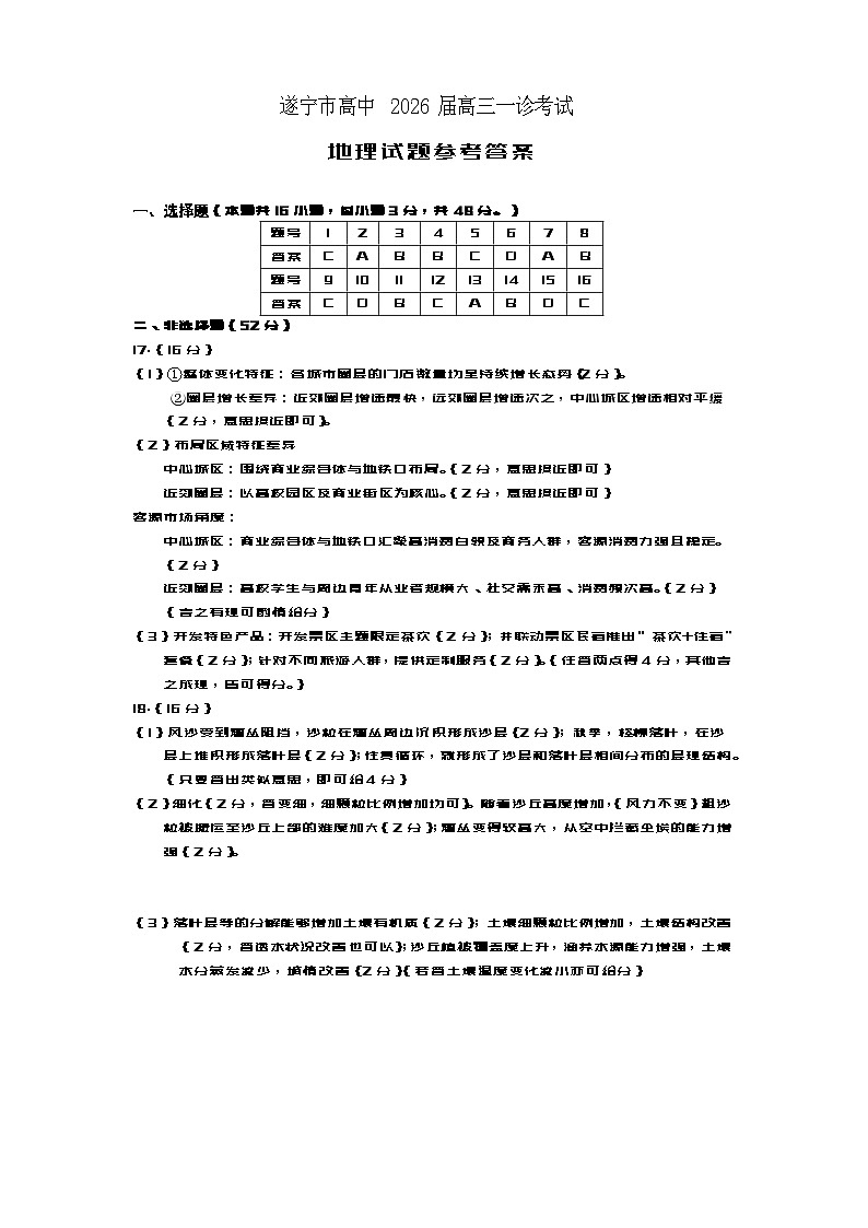 遂宁市高中2026届高三一诊考试地理答案第1页