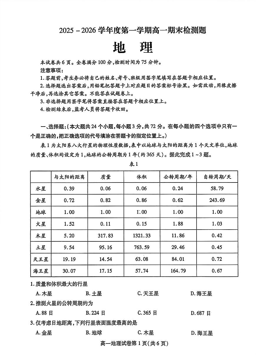 四川省内江市2025-2026学年度第一学期高一期末检测题地理第1页