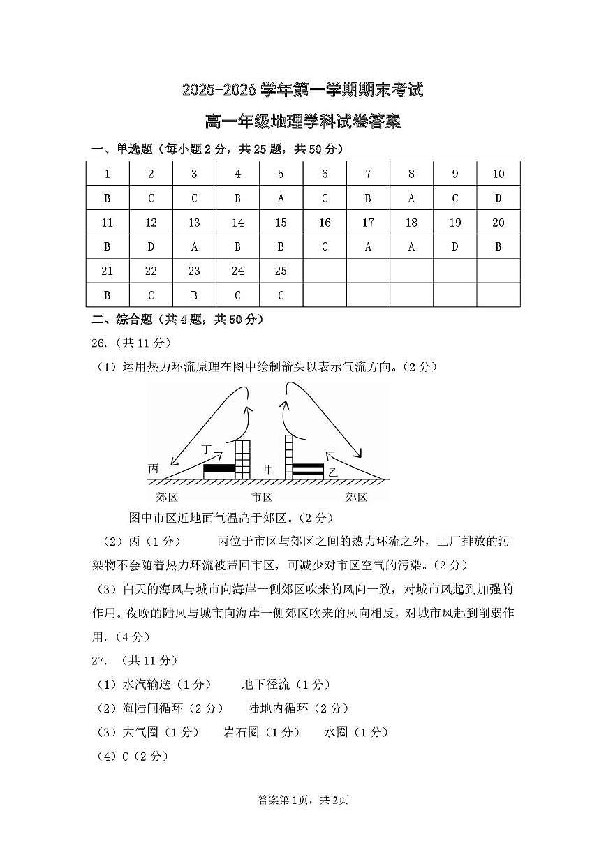 甘肃省兰州市八校联考2025-2026学年高一上学期期末考试地理答案第1页