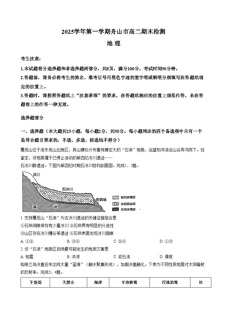 浙江省舟山市2025_2026学年第一学期期末检测高二地理试题卷（文字版，含答案）第1页