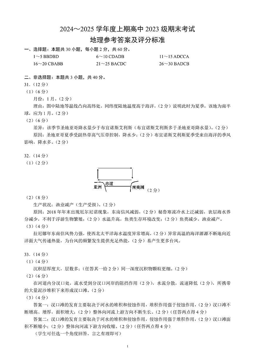 2024～2025学年度上期高中2023级期末考试地理参考答案及评分标准第1页