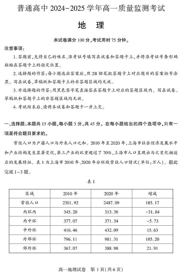 湖北省恩施州普通高中2024-2025学年高一上学期质量监测考试地理试卷（无答案）第1页