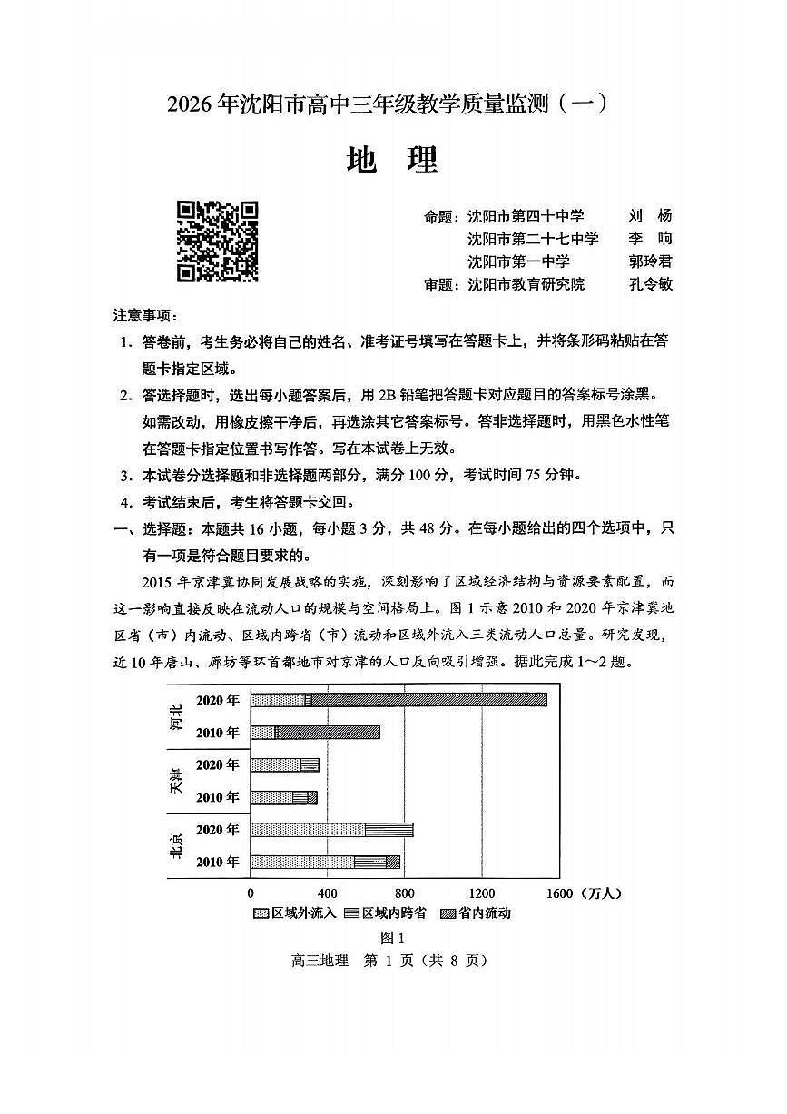 辽宁省沈阳市2026届高中三年级上学期高三教学质量监测（一）（沈阳一模）地理试卷（无答案）第1页