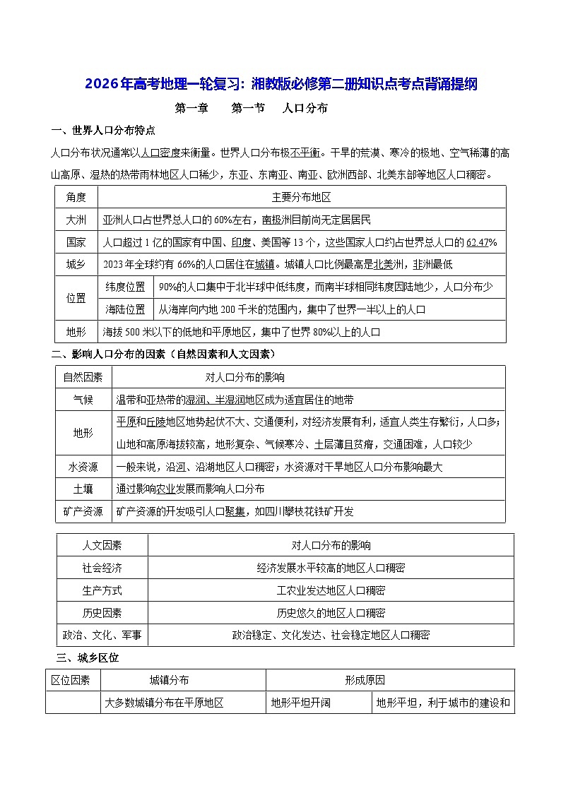 2026年高考地理一轮复习：湘教版必修第二册知识点考点背诵提纲 讲义第1页