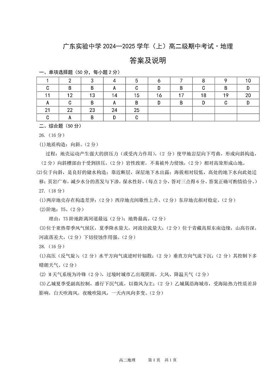 广东实验中学2024—2025学年（上）高二级期中考试答案(1)第1页
