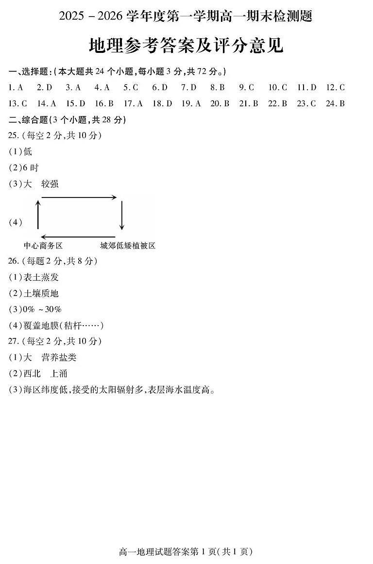 内江市2025-2026学年度第一学期高一期末检测题地理答案第1页
