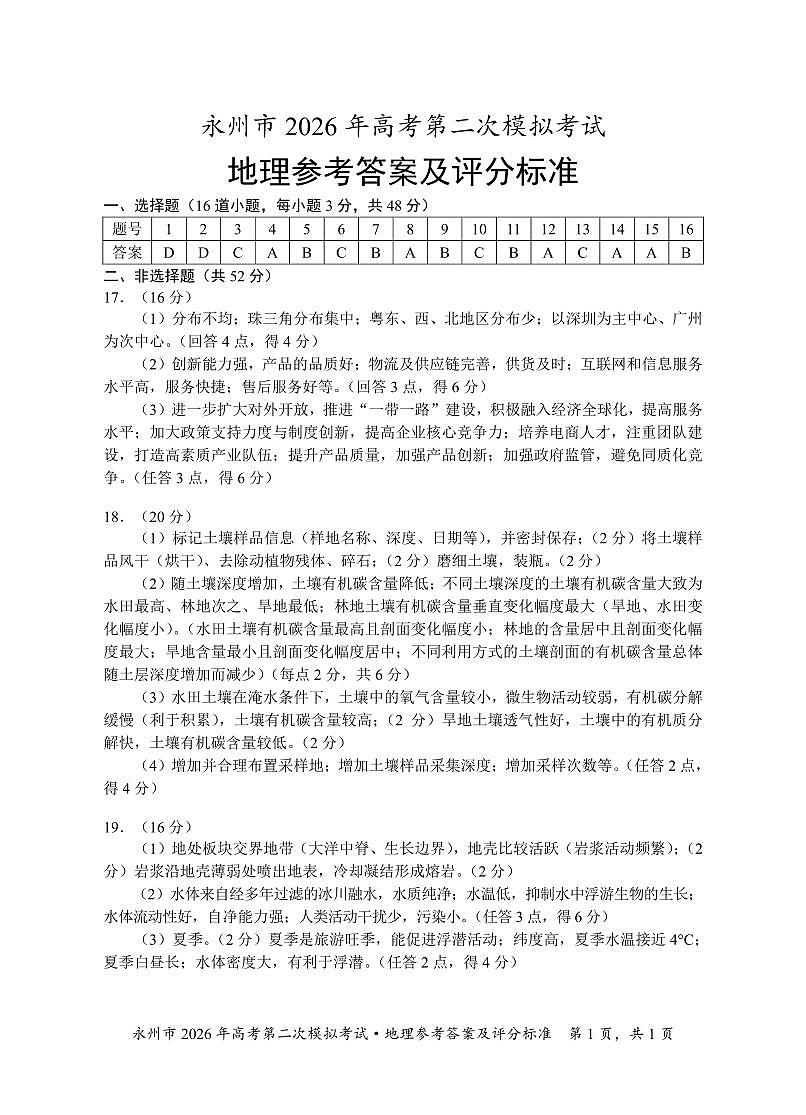 2026二模答案地理第1页