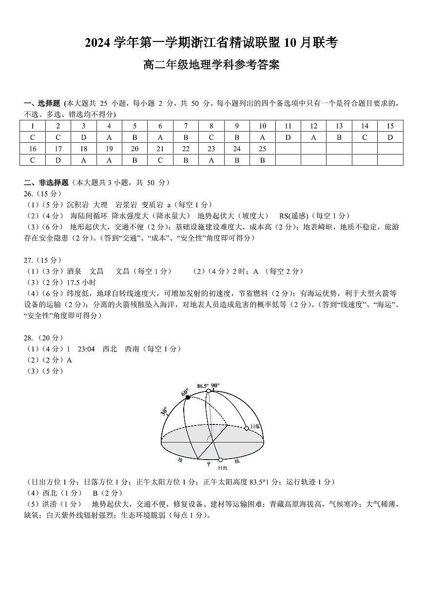 2024学年第一学期浙江省精诚联盟10月联考高二地理试题答案第1页