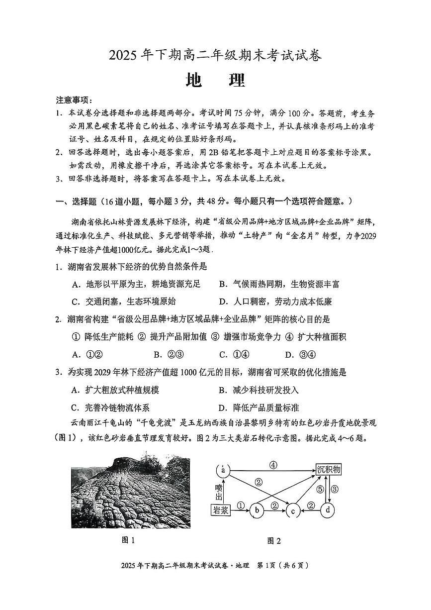 湖南省永州市2025-2026学年高二上学期2月期末地理试题第1页