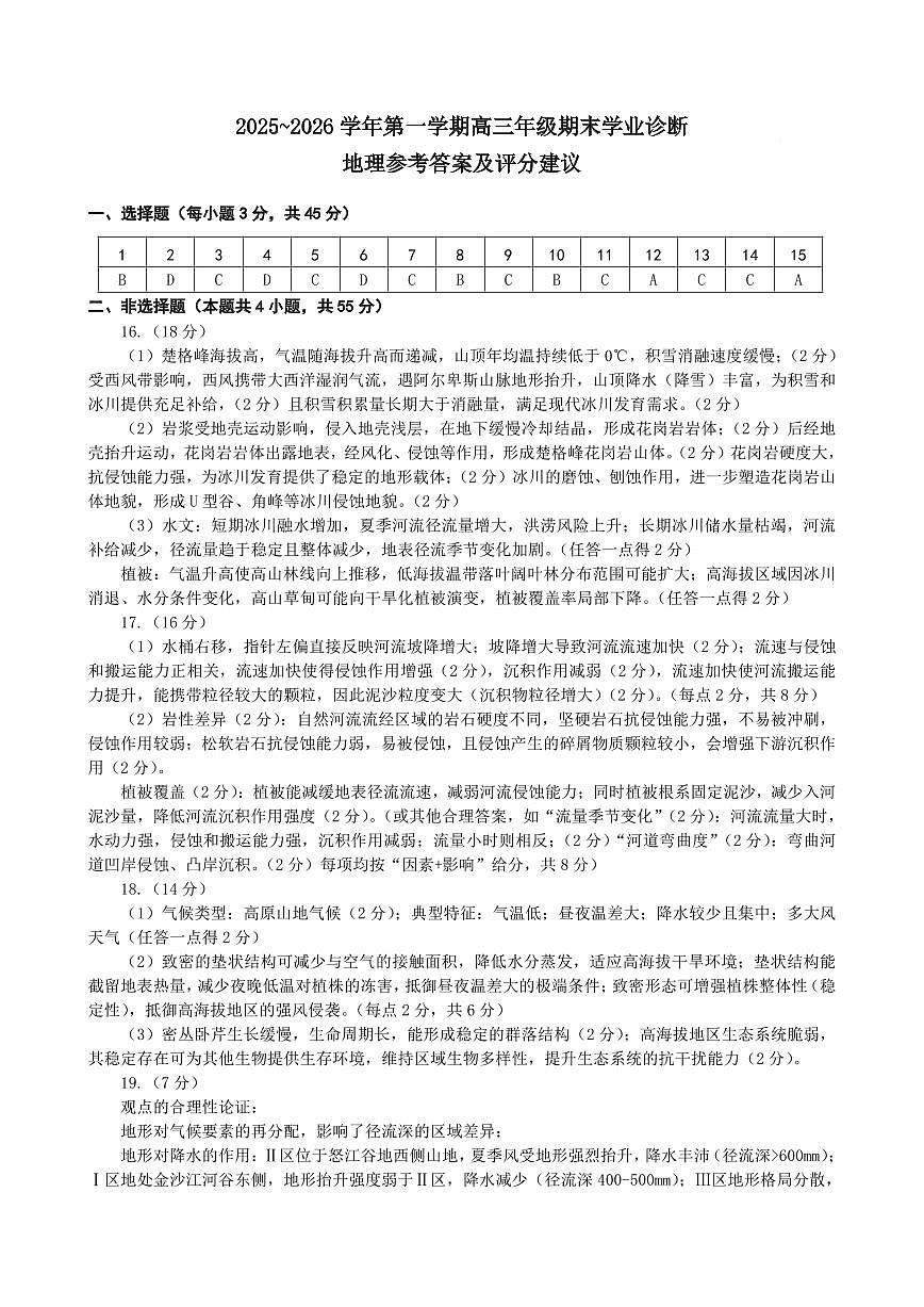 太原25-26学年高三第一学期期末地理答案第1页