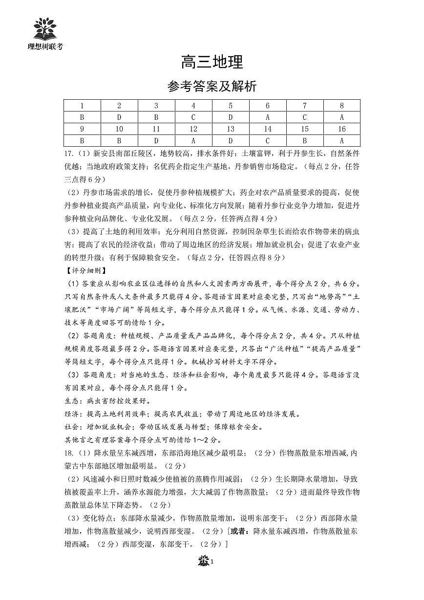 【联考试卷】理想树联考—东北三省精准教学地理答案第1页