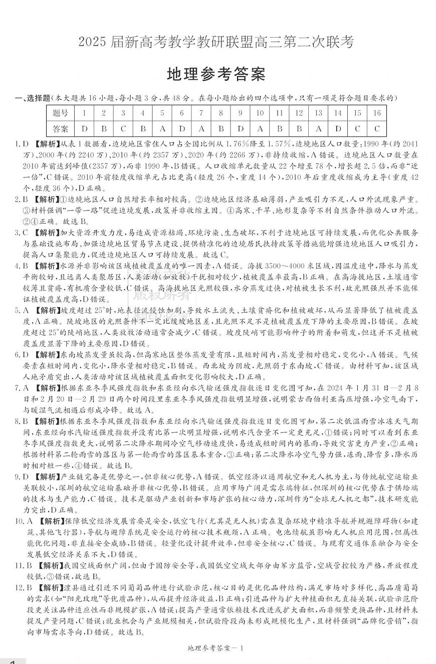 湖南新高考教学教研联盟暨长郡二十校联盟2025届高三年级第二次联考地理答案第1页