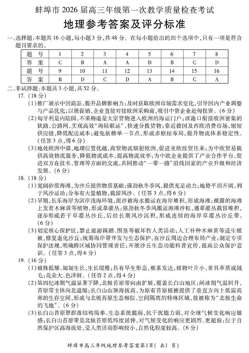 安徽省蚌埠市2026届高三年级第一次教学质量检查考试 地理答案第1页